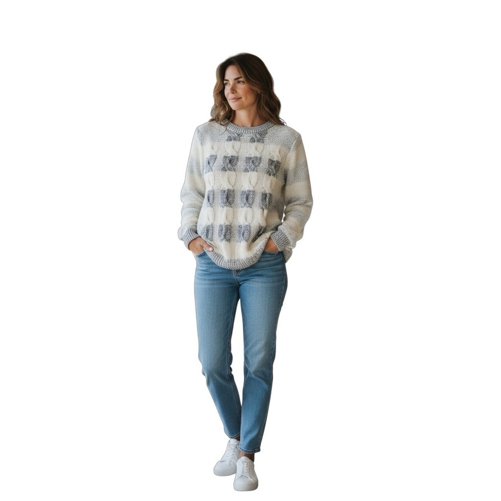 J.Crew Cotton Cable Knit‎ Sweater Cream Blue Marled Striped Medium (no Size Tag)